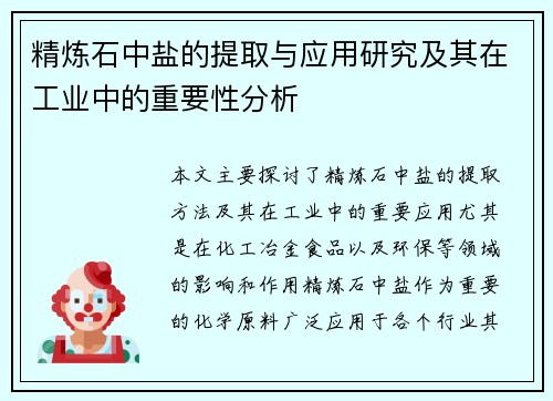 精炼石中盐的提取与应用研究及其在工业中的重要性分析